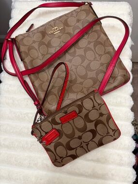 Coach Brown Signature Canvas Crossbody Set with Red Trim